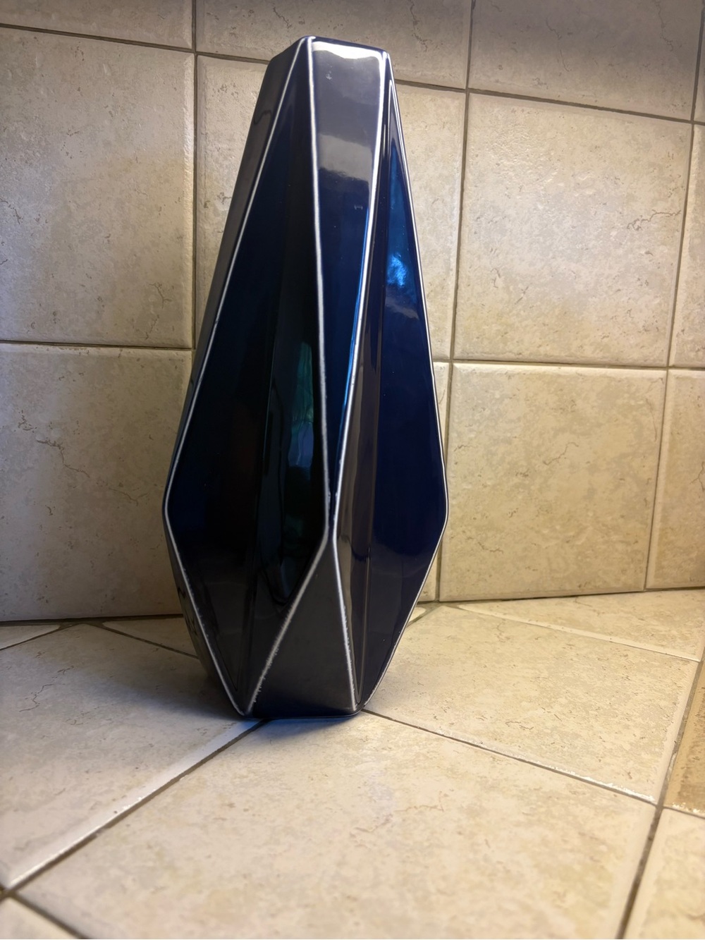 Vintage Porcelain Vase Angular Blue White Stripes Modernist Minimalist Tall Art